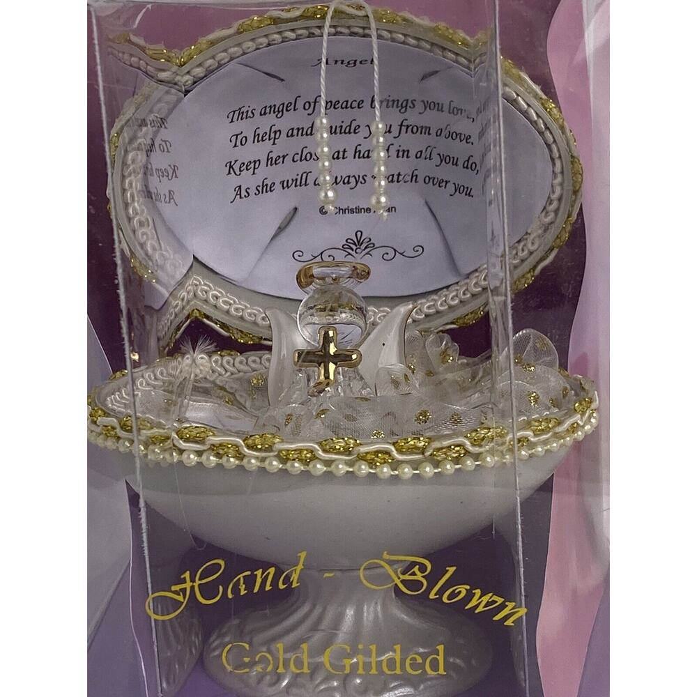 Christine Allen Angel Of Peace Decorated Hand Blown Gold Gilded Egg on Base